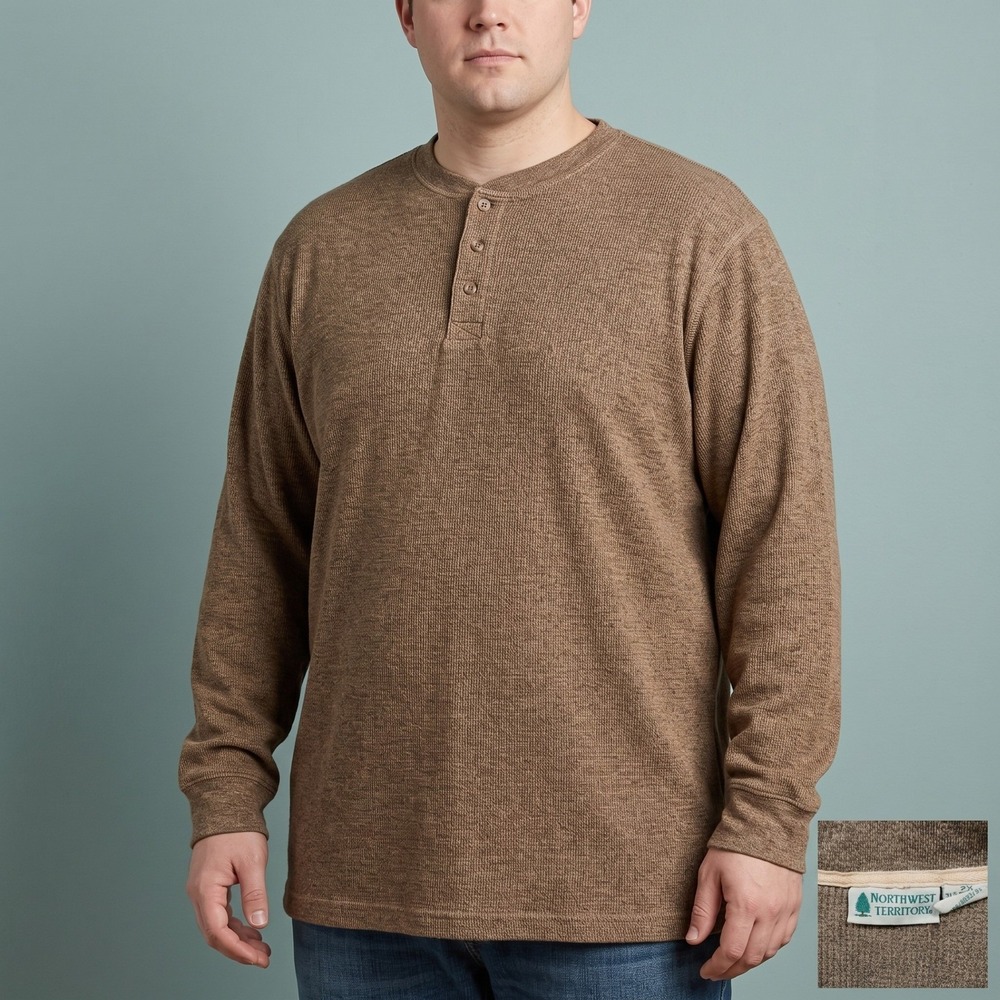 Northwest Territory Waffle Knit Henley Shirt Mens 2XL Brown Cotton Blend